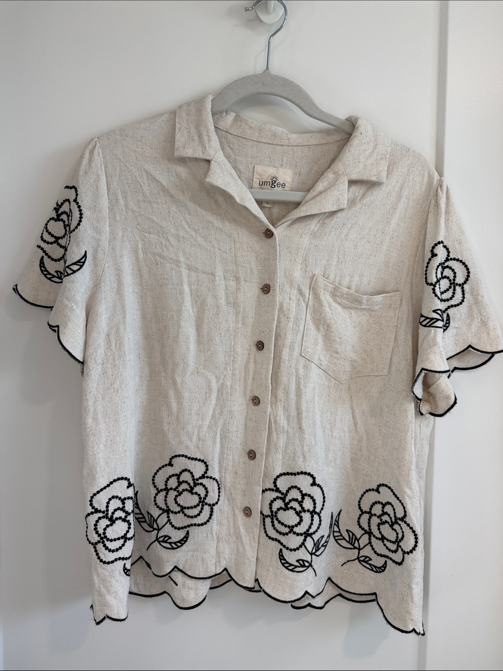 Umgee Cream Short-Sleeve Button Front Top with Black Floral Embroidery